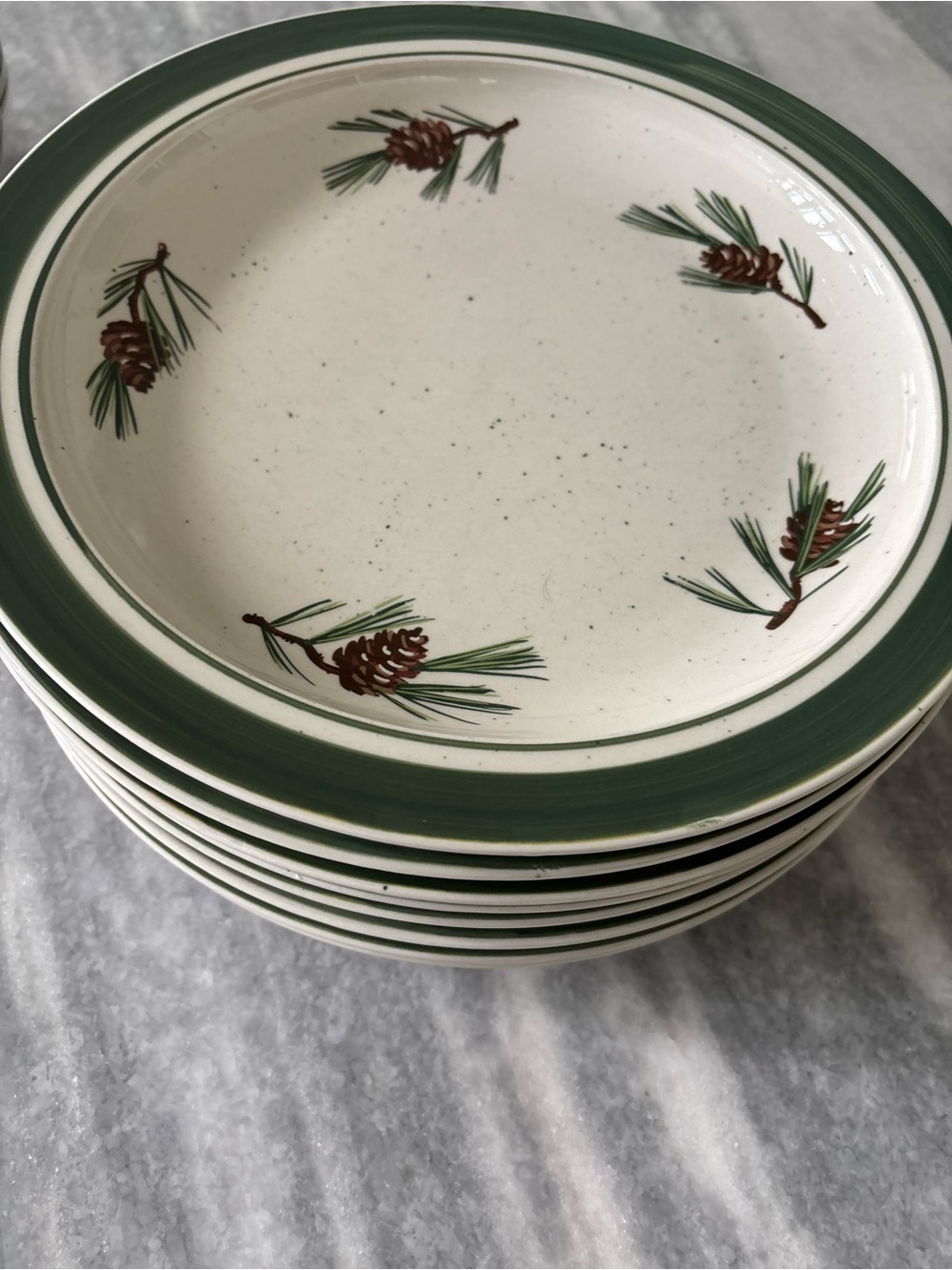 Cabela's Green Rim Pine Cone Ceramic Dinner Plates 2008 dinner plates 8 vintage